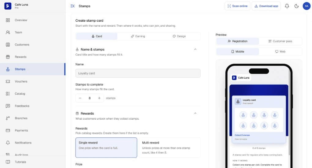 Bizpoint stamp card designer on the shop dashboard