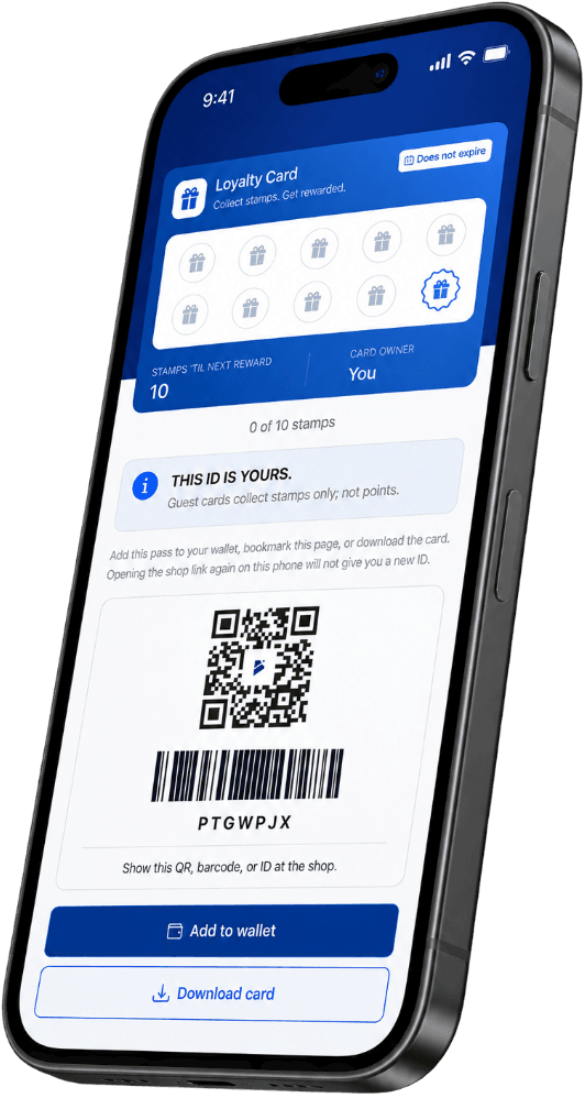 Customer loyalty pass on a phone, with stamps, QR code, and wallet buttons