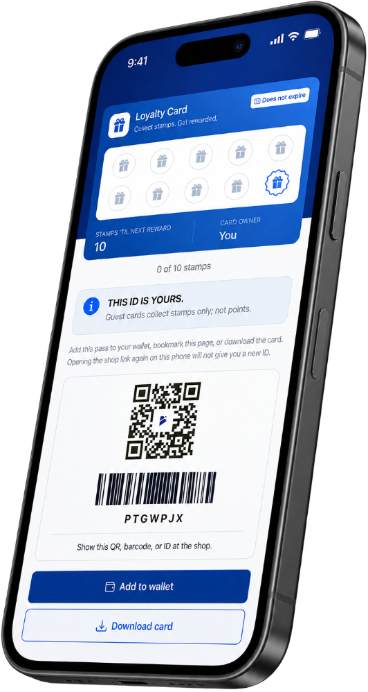 Customer loyalty pass on a phone, with stamps, QR code, and wallet buttons